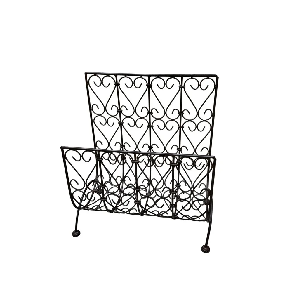 Magazine Rack Bronzed Wire Wrought Iron Heart Scroll Vintage Log Rack Cottage